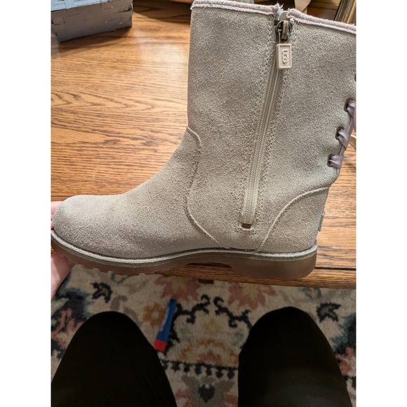 UGG Australia Kids Suede Lace Up Side Zip Boots Tan Glitter Size 3 - Picture 2 of 10